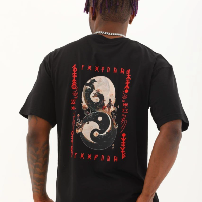 Oversize Baskılı Bisiklet Yaka T-Shirt - Siyah -