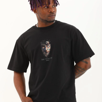 Oversize Baskılı Bisiklet Yaka T-Shirt - Siyah -