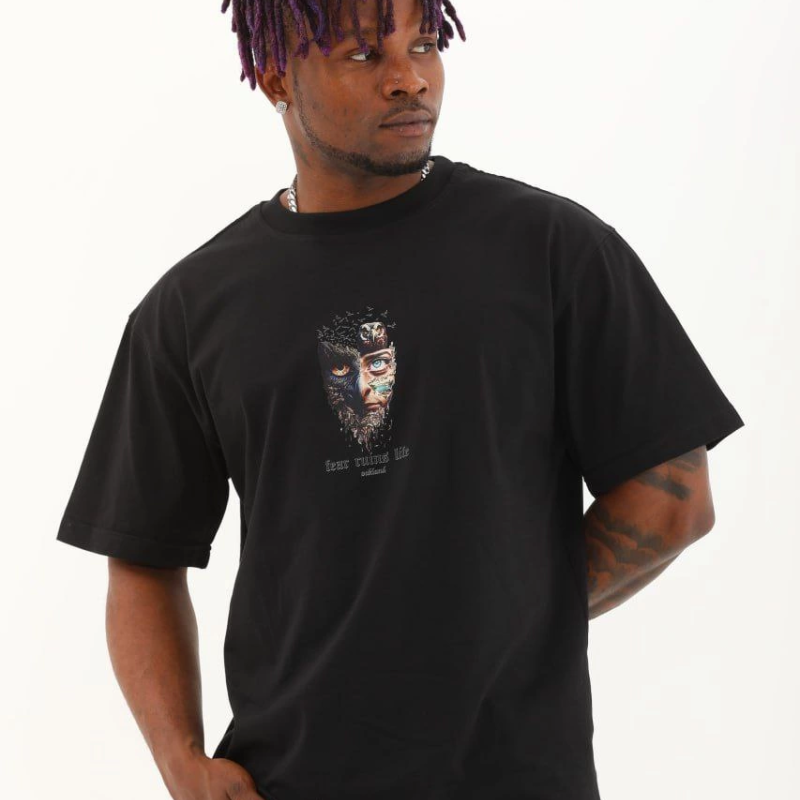 Oversize Baskılı Bisiklet Yaka T-Shirt - Siyah -