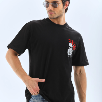 Oversize Baskılı Bisiklet Yaka T-Shirt - Siyah -
