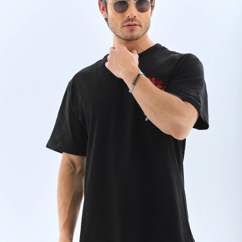 Oversize Baskılı Bisiklet Yaka T-Shirt - Siyah -