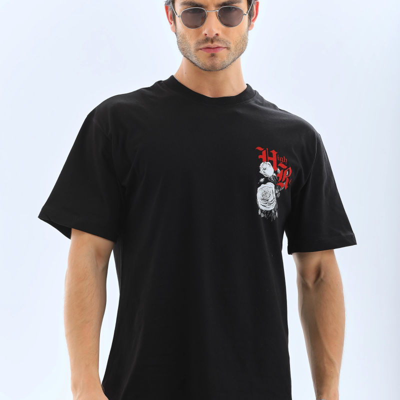 Oversize Baskılı Bisiklet Yaka T-Shirt - Siyah -