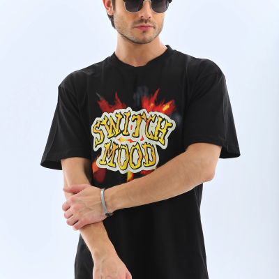 Oversize Baskılı Bisiklet Yaka T-Shirt - Siyah -