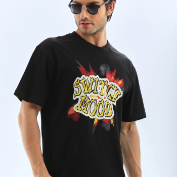 Oversize Baskılı Bisiklet Yaka T-Shirt - Siyah -