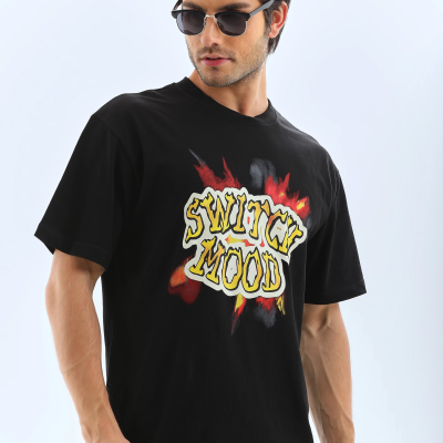 Oversize Baskılı Bisiklet Yaka T-Shirt - Siyah -