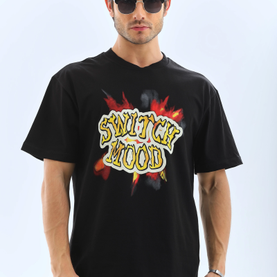 Oversize Baskılı Bisiklet Yaka T-Shirt - Siyah -