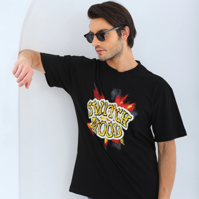 Oversize Baskılı Bisiklet Yaka T-Shirt - Siyah -