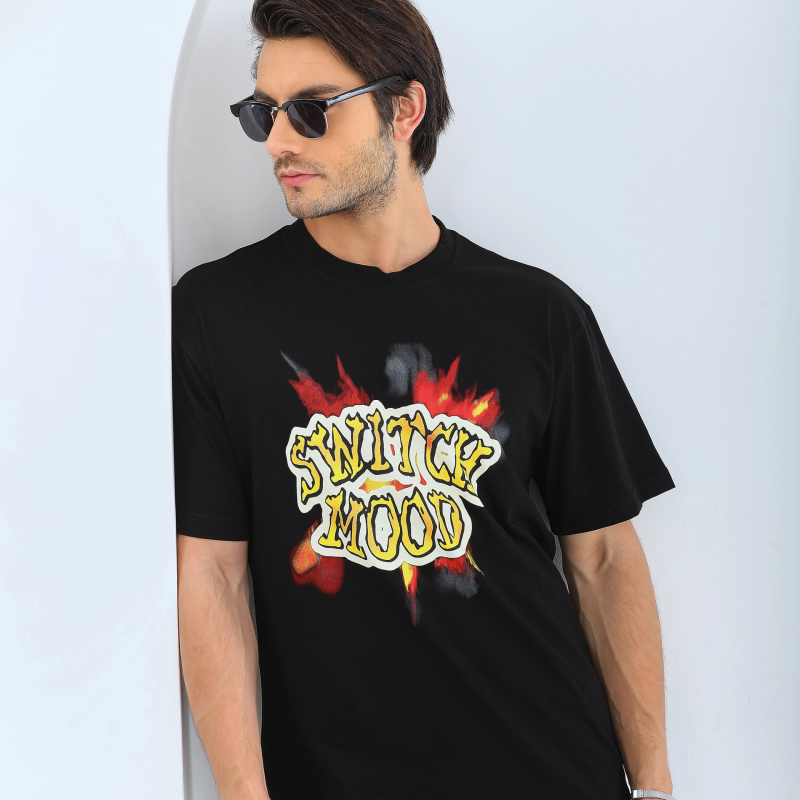 Oversize Baskılı Bisiklet Yaka T-Shirt - Siyah -