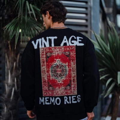 Oversize Bisiklet Yaka Üç İplik Baskılı SweatShirt - Siyah -