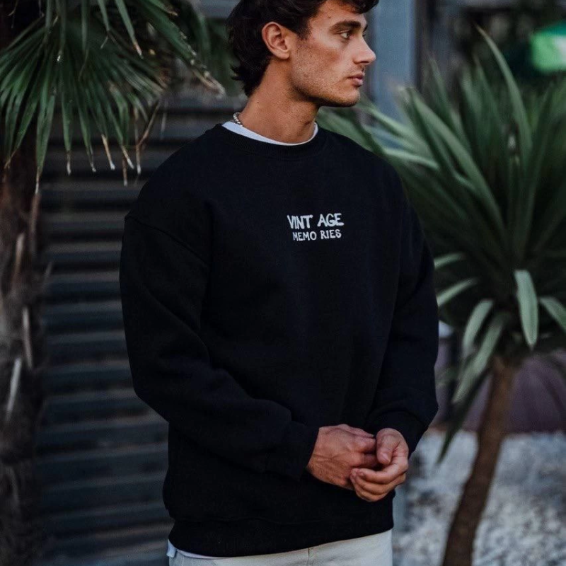 Oversize Bisiklet Yaka Üç İplik Baskılı SweatShirt - Siyah -