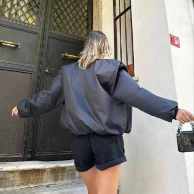 Oversize Bomber Ceket – Siyah, Fermuarlı, Sokak Modası Tarzı Mont - Siyah -