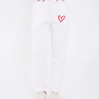 Oversize Boru Paça Baskılı Eşofman Pantolon - Beyaz