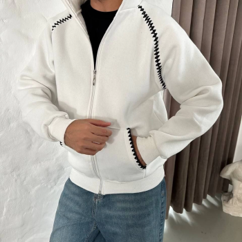 Oversize Dik Yaka Fermuarlı Sweatshirt - Zincir Nakışli Kanguru Cepli - Beyaz -