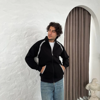 Oversize Dik Yaka Fermuarlı Sweatshirt - Zincir Nakışli Kanguru Cepli - Siyah -