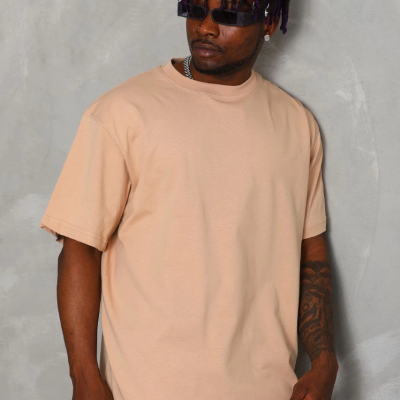 Oversize Düz Bisiklet Yaka T-Shirt - Bej -