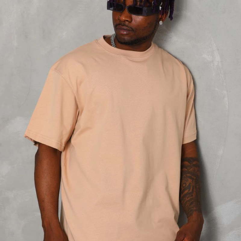 Oversize Düz Bisiklet Yaka T-Shirt - Bej -