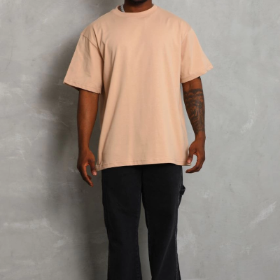 Oversize Düz Bisiklet Yaka T-Shirt - Bej -