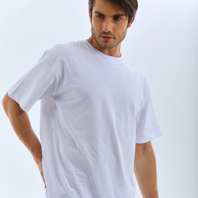 Oversize Düz Bisiklet Yaka T-Shirt - Beyaz -