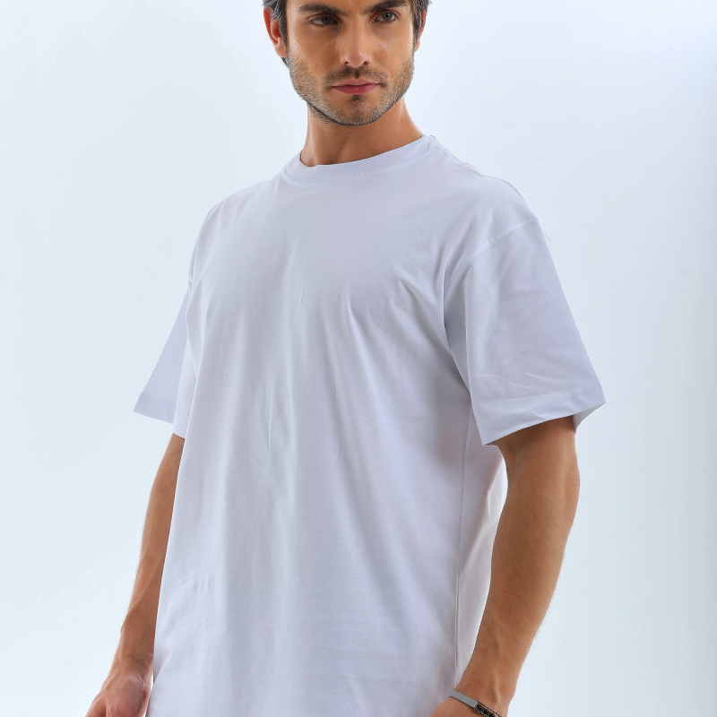 Oversize Düz Bisiklet Yaka T-Shirt - Beyaz -