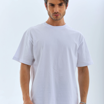 Oversize Düz Bisiklet Yaka T-Shirt - Beyaz -