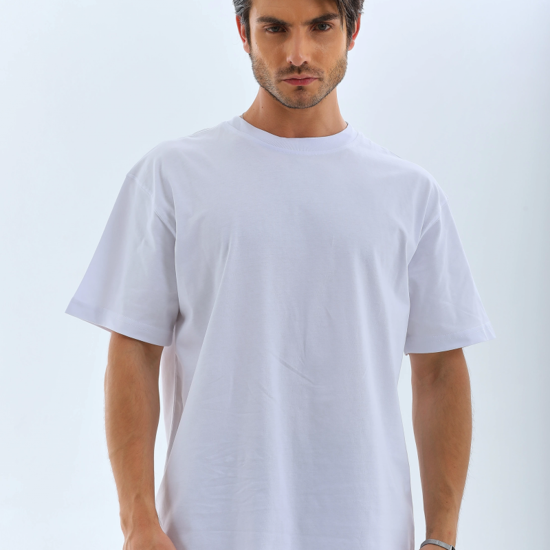 Oversize Düz Bisiklet Yaka T-Shirt - Beyaz -