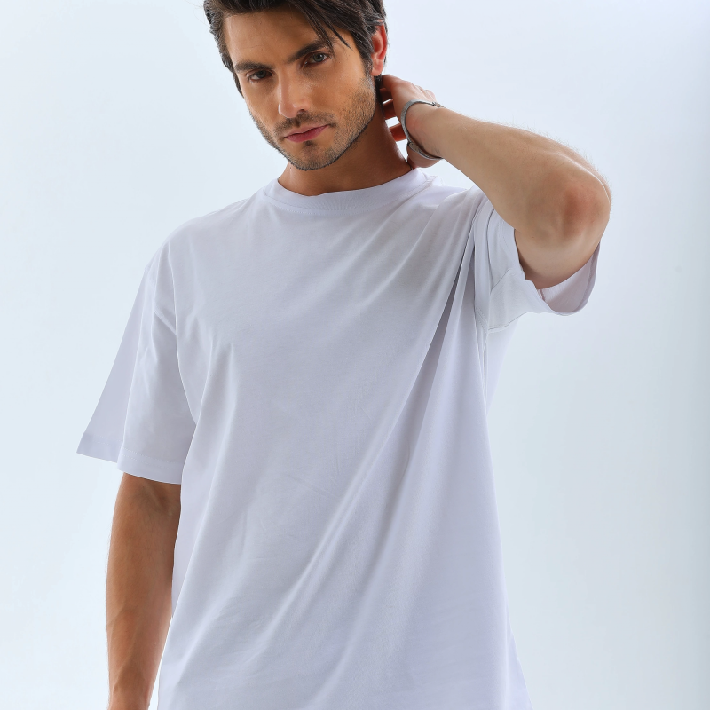 Oversize Düz Bisiklet Yaka T-Shirt - Beyaz