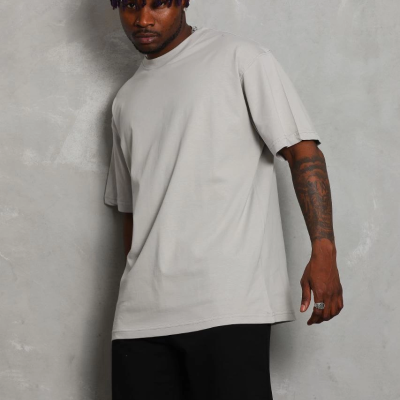 Oversize Düz Bisiklet Yaka T-Shirt - Gri -