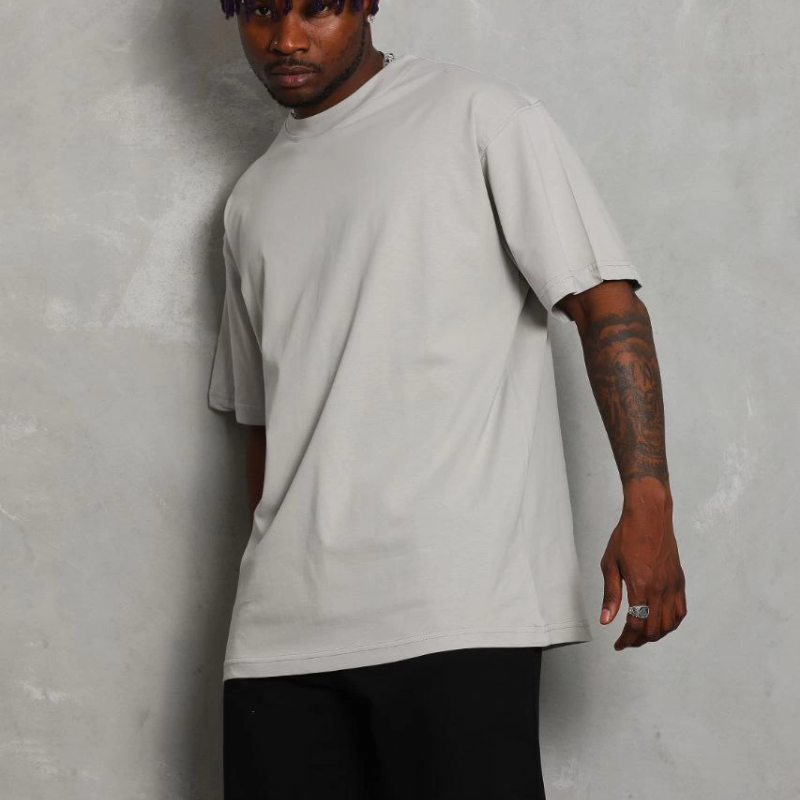 Oversize Düz Bisiklet Yaka T-Shirt - Gri -