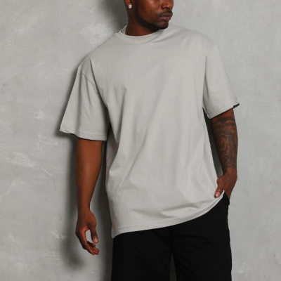 Oversize Düz Bisiklet Yaka T-Shirt - Gri -