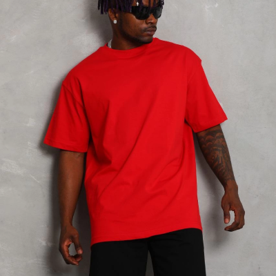 Oversize Düz Bisiklet Yaka T-Shirt - Kırmızı -