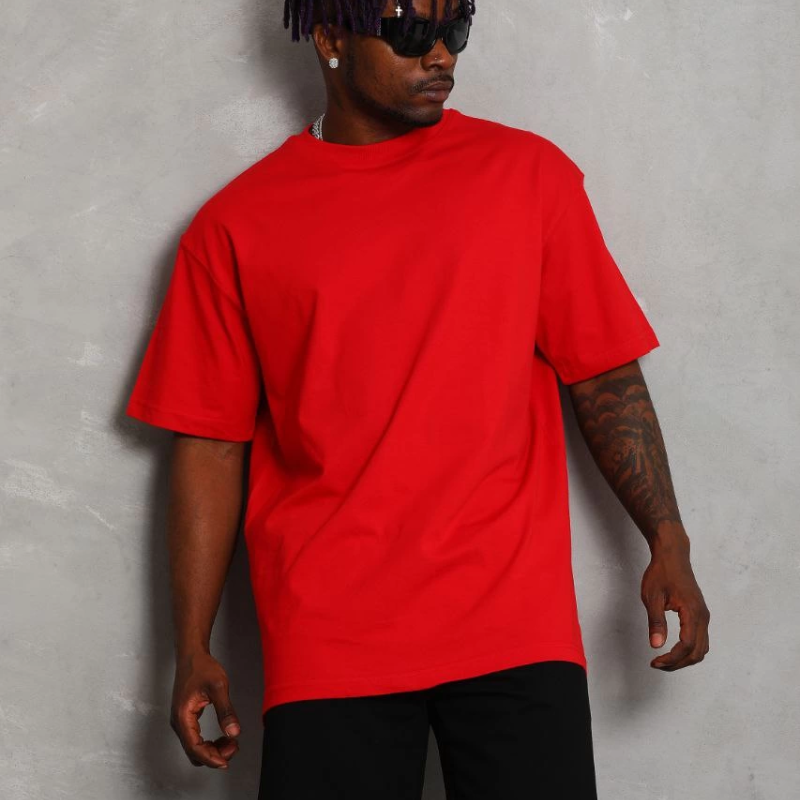 Oversize Düz Bisiklet Yaka T-Shirt - Kırmızı -