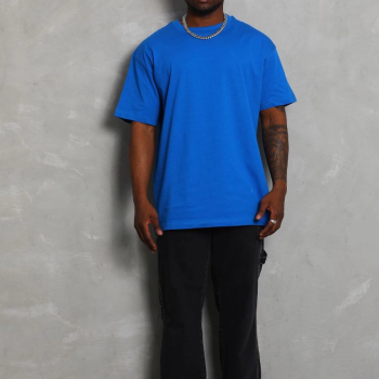 Oversize Düz Bisiklet Yaka T-Shirt - Mavi -