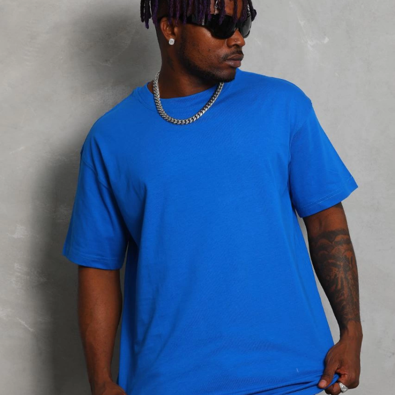 Oversize Düz Bisiklet Yaka T-Shirt - Mavi -