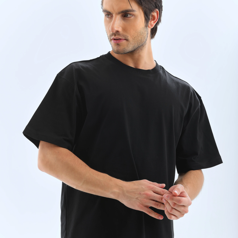 Oversize Düz Bisiklet Yaka T-Shirt - Siyah