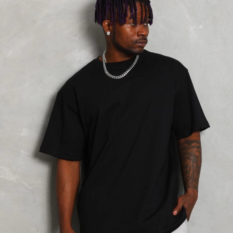 Oversize Düz Bisiklet Yaka T-Shirt - Siyah -