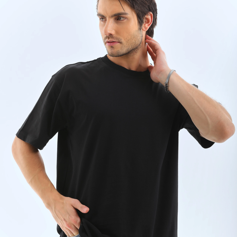 Oversize Düz Bisiklet Yaka T-Shirt - Siyah