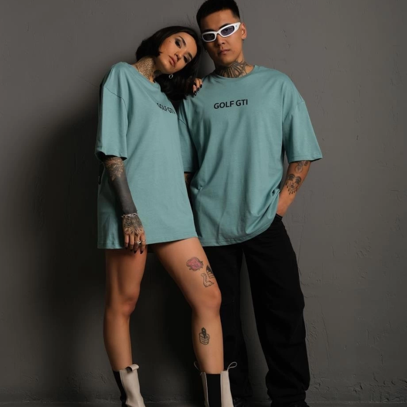 Oversize Golf GTI Retro Araba Desenli, Ön  ArkaBaskı, Mint Yeşili -