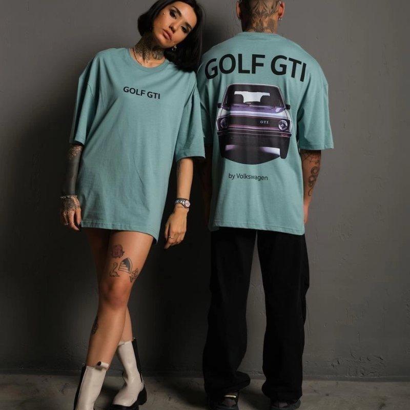 Oversize Golf GTI Retro Araba Desenli, Ön  ArkaBaskı, Mint Yeşili -