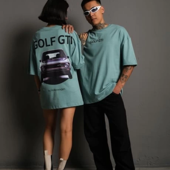 Oversize Golf GTI Retro Araba Desenli, Ön  ArkaBaskı, Mint Yeşili -