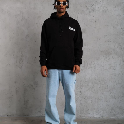 Oversize Kapüşonlu Sweat – Siyah Kol ve Etek Ribana Detaylı -