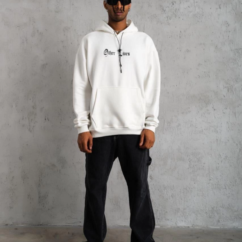 Oversize Kapüşonlu Sweatshirt – Beyaz “Other Lives” Ön ve Arka Baskılı Beyaz -