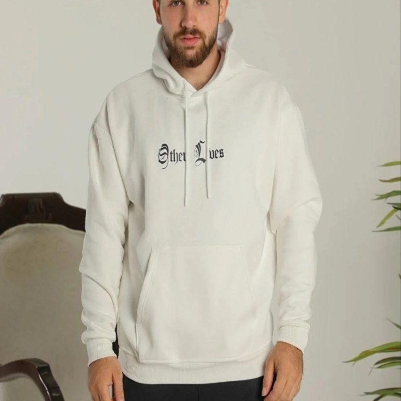 Oversize Kapüşonlu Sweatshirt – Beyaz “Other Lives” Ön ve Arka Baskılı Beyaz -