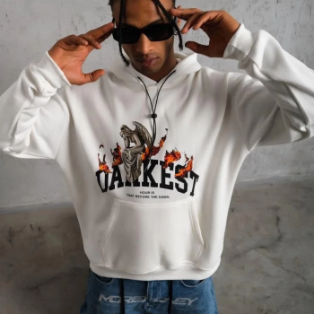 Oversize Kapüşonlu Sweatshirt – Beyaz Renk Üç İplik İçi Pamuklu Kanguru Cepli Baskılı Hoodie Rahat Kalıp Kışlık Günlük Kombinlere Uygun - Beyaz -