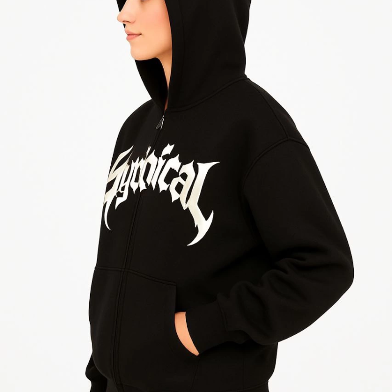 Oversize Kapüşonlu Sweatshirt  Hoodie 3 İplik Şardonlu Pamuklu Kumaş, Önü Baskılı, Fermuarlı Rahat Kalıp, Kışlık ve Sokak Stili Sweat - Siyah