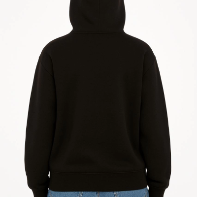 Oversize Kapüşonlu Sweatshirt  Hoodie 3 İplik Şardonlu Pamuklu Kumaş, Önü Baskılı, Fermuarlı Rahat Kalıp, Kışlık ve Sokak Stili Sweat - Siyah