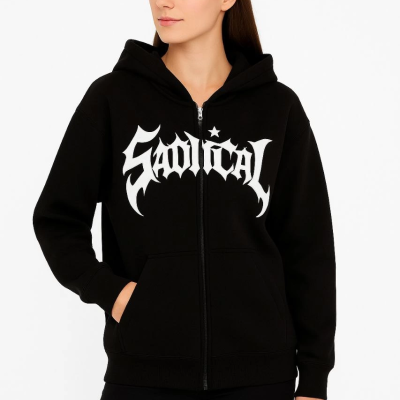 Oversize Kapüşonlu Sweatshirt  Hoodie 3 İplik Şardonlu Pamuklu Kumaş, Önü Baskılı, Fermuarlı Rahat Kalıp, Kışlık ve Sokak Stili Sweat - Siyah