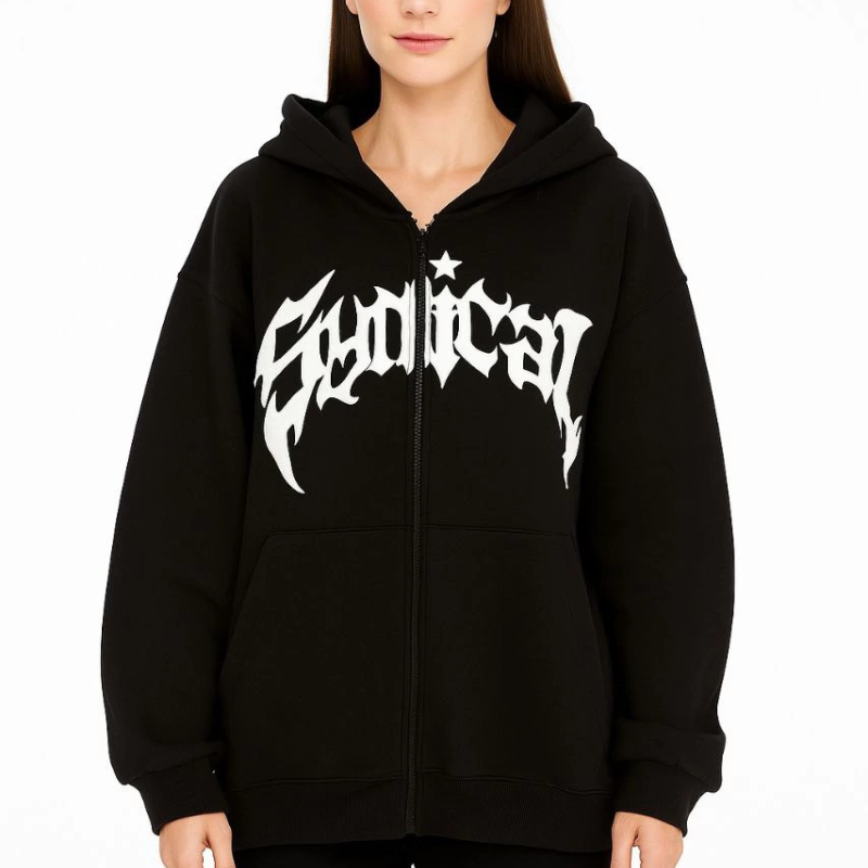 Oversize Kapüşonlu Sweatshirt  Hoodie 3 İplik Şardonlu Pamuklu Kumaş, Önü Baskılı, Fermuarlı Rahat Kalıp, Kışlık ve Sokak Stili Sweat - Siyah