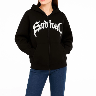 Oversize Kapüşonlu Sweatshirt  Hoodie 3 İplik Şardonlu Pamuklu Kumaş, Önü Baskılı, Fermuarlı Rahat Kalıp, Kışlık ve Sokak Stili Sweat - Siyah