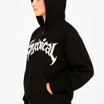 Oversize Kapüşonlu Sweatshirt  Hoodie 3 İplik Şardonlu Pamuklu Kumaş, Önü Baskılı, Fermuarlı Rahat Kalıp, Kışlık ve Sokak Stili Sweat - Siyah