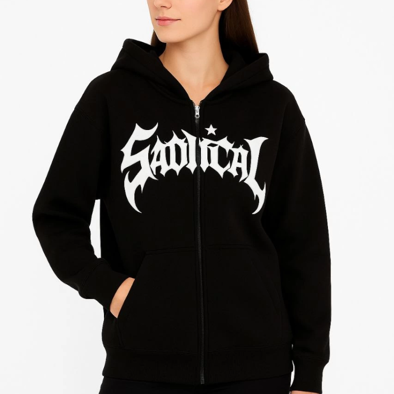 Oversize Kapüşonlu Sweatshirt  Hoodie 3 İplik Şardonlu Pamuklu Kumaş, Önü Baskılı, Fermuarlı Rahat Kalıp, Kışlık ve Sokak Stili Sweat - Siyah